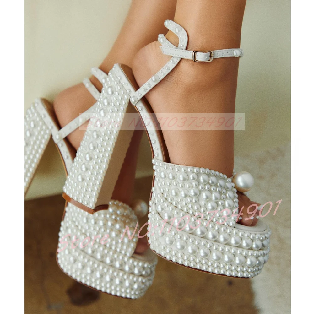 Wedding Super - Kadın Beyaz İnci Platform Sandalet Ayak